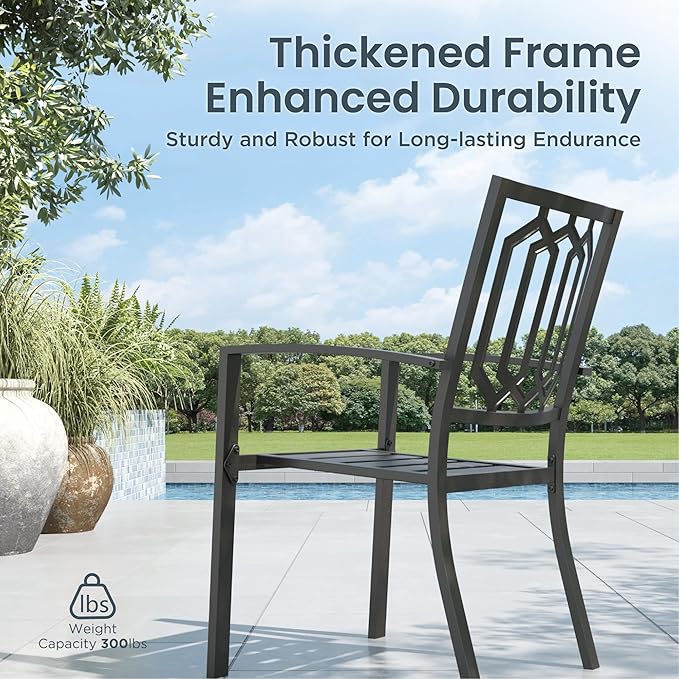 PHI VILLA 7 Pcs Patio Dining Set for 6& Rectangular Metal Table | Metal Steel Table with Umbrella Hole & Stackable Chairs, Heavy-Duty Furniture Set for Patio, Deck, Yard, Porch - Black