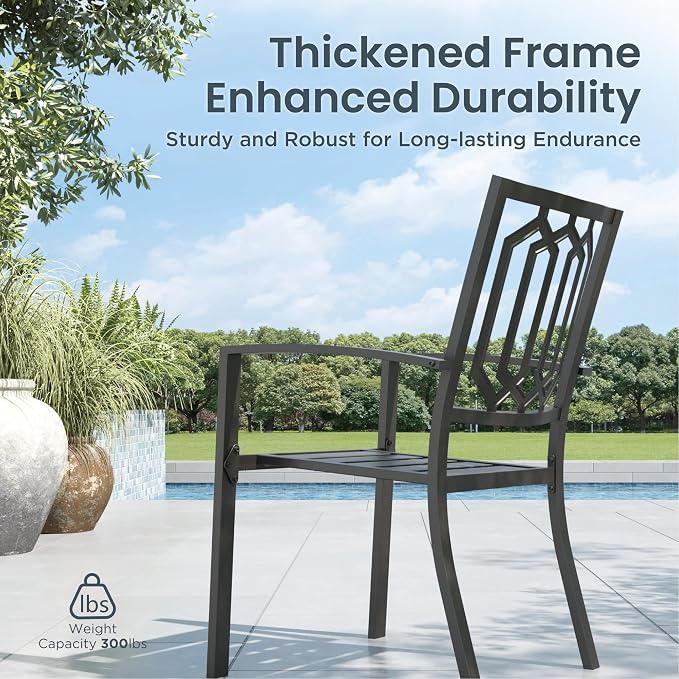 PHI VILLA 5 Pcs Patio Dining Set with Umbrella(Orange Red) | 1 Square Metal Table& 4 Metal Outdoor Stackable Chairs and 1 10ft 3 Tier Auto-tilt Umbrella for Patio, Deck, Yard, Porch