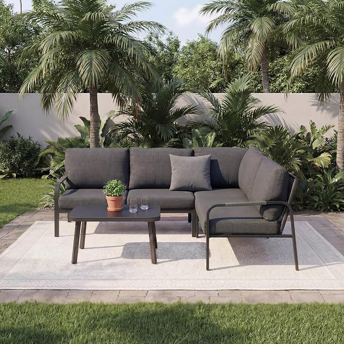 Aluminum Outdoor Patio Furniture Set, L-Shaped Sectional Sofa with Coffee Table, Modern Outdoor Conversation Set with Waterproof Cushions for Backyard, Deck, Balcony & Porch, Gray