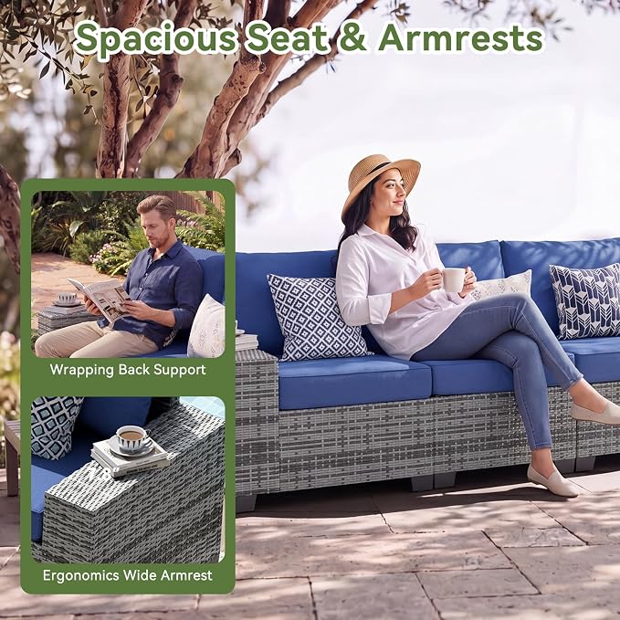 LazySunsets 9 PCS Patio Furniture Set, Outdoor Sectional All-Weather Wicker Conversation Set with Swivel Rocker Chairs, 4'' Thick Cushions for Backyard Poolside(Navy/Grey)