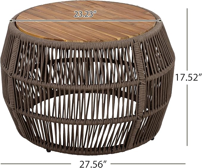 Round Acacia Wood Side Table with Light Grey Rope Frame, Teak Finish Top, 150 lbs Capacity, No Assembly Required, Weather-Resistant Accent Table for Patio Backyard Living Room