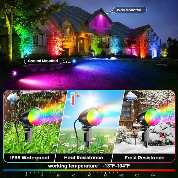 20W RGBW Spot Lights Outdoor, IP66 Color Changing Spotlights, 2 Pack | 1880LM, 10 colors, 30 modes, 6 brightness,remote timer & memory. Ideal for Christmas, Halloween, yard, garden, and pathway