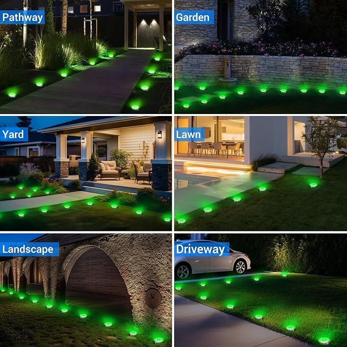 Peasur Mini Solar Ground Lights Outdoor, 4 Pack Flat Solar Powered Disc Lights, IP68 Waterproof, Anti-Rust, Landscape Lighting for Pathway Garden Yard Lawn Walkway Landscape Driveway, Green
