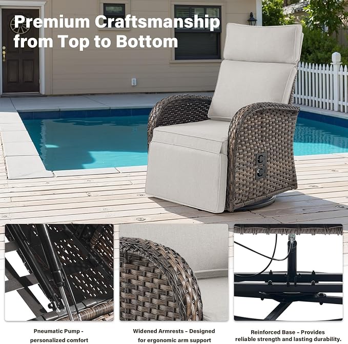 Belord Dual-Adjust Outdoor Swivel Recliner Chair – Reclining Patio Chair with Adjustable Backrest and Footrest, All-Weather Wicker Chaise Lounge Chair Outdoor for Pool Deck Beige (Upgraded 2.0)