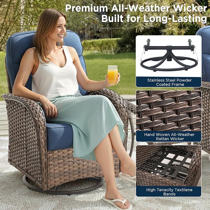 Luxury Outdoor Patio Furniture Set with 6-Inch Thick Cushions, 6 Pieces All-Weather Wicker Outdoor Furniture with Outdoor Rocking Chair, Outdoor Patio Conversation Sets for Garden Porch Deck, Blue