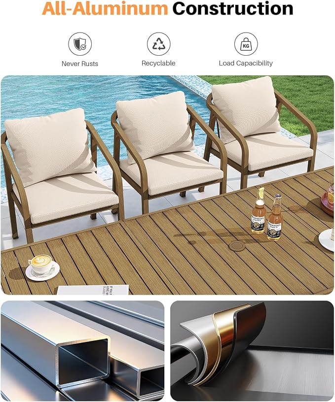 9-Piece Outdoor Dining Set for 8, Never-Rust Aluminum Patio Dining Set with 2 Swivel Chairs, Outdoor Table and Chairs with Removable Cushions, Patio Furniture Set for Deck, Garden, Porch, Teak