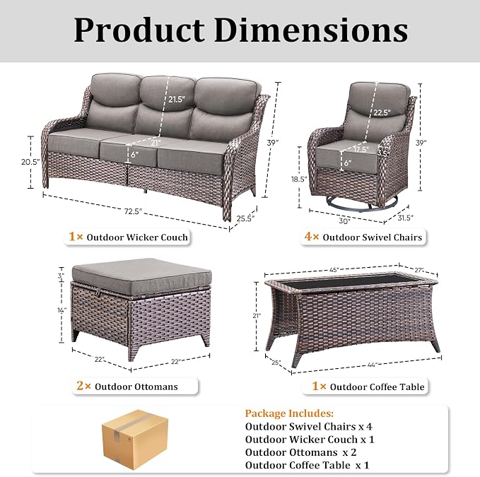 Luxury High Back Patio Furniture Set with 6-Inch Thick Cushions, 8-Pieces Outdoor Furniture with Swivel Chairs, Wicker Conversation Set for Porch, Balcony, Deck and Yard, Brown/Grey