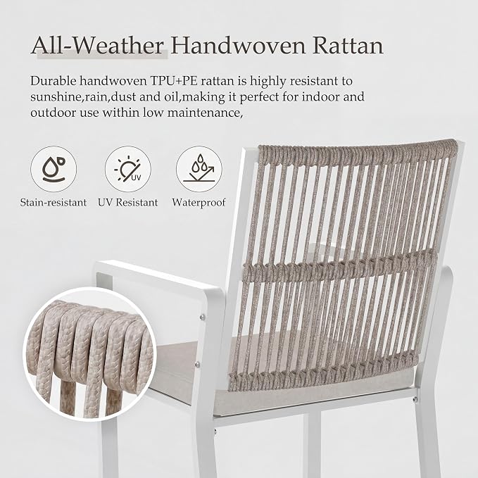 3 Pieces Metal Outdoor Dinning Set Featuring 1 Table and 2 Ratten Chairs Waterproof and Rust-Proof Courtyard Style Table Garden Balcony Poolside, White 3 Pcs