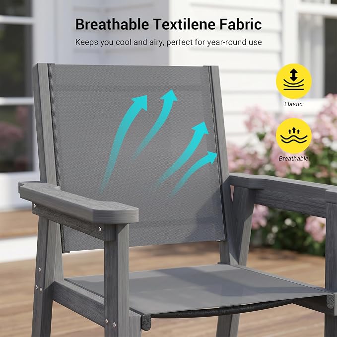 5-Piece HDPE Outdoor Dining Set for 4, Outdoor Table and Chairs | Weather Resistant Patio Table and Textilene Chairs set, Square Table with Umbrella Hole for Garden, Backyard and Lawn, Grey