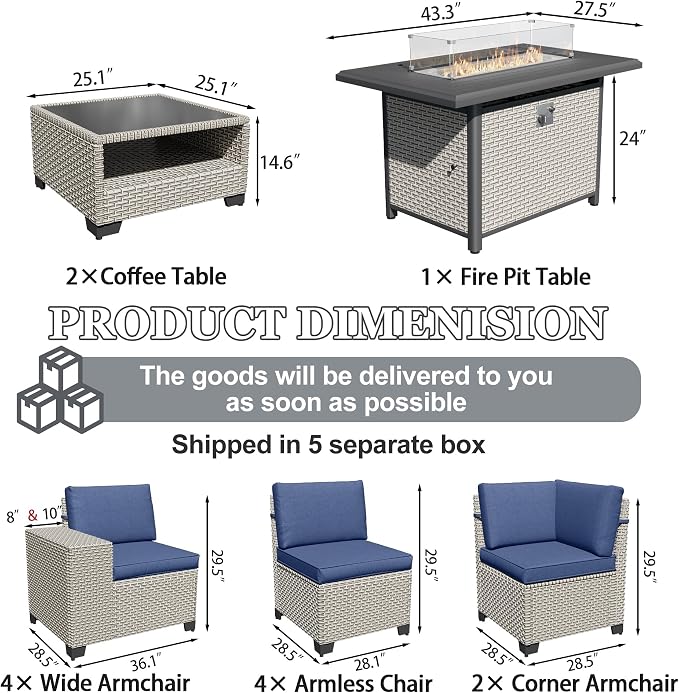 13-Piece Outdoor Patio Furniture Set with Fire Pit, Modular Sectional Sofa Set with Glass Coffee Table and Cushions, Wicker Outdoor Couch Conversation Sets, Blue