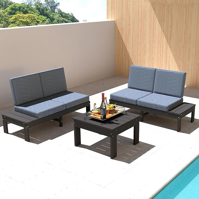 Domi HDPE Outdoor Patio Sofa Set, 3-Piece Modern Conversation Set with Left & Right Sofas, Cushioned Sectional Seating and Coffee Table for Backyard, Porch, Deck & Garden,Grey