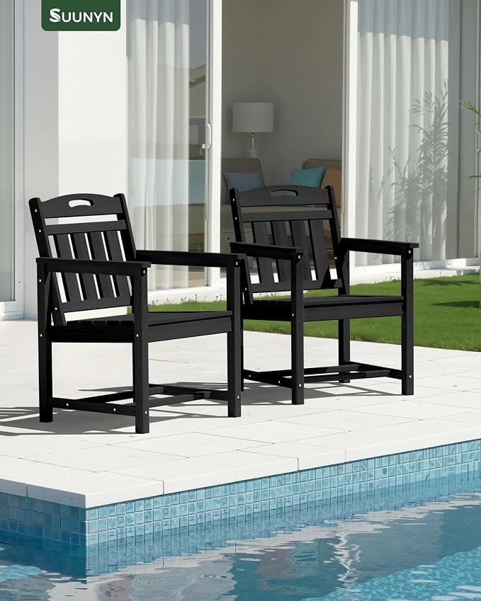 Patio Chairs, HDPE Outdoor Dining Chairs with Wide Seat, All Weather Oversized Porch Chair for Garden, Backyard, Deck - Black