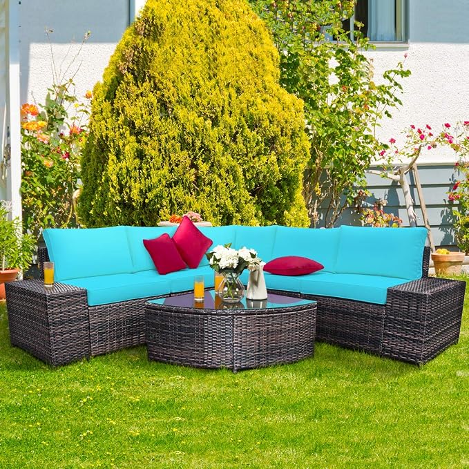 Tangkula 6 Piece Wicker Patio Furniture Set, Outdoor All Weather PE Rattan Conversation Set w/Tempered Glass Coffee Table, Sectional Sofa Set w/Comfortable Cushions for Backyard, Garden (Turquoise)
