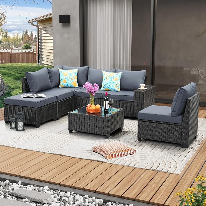 JOYURE 7 Pieces Patio Furniture Set All-Weather Outdoor Wicker Sectional Conversation Sofa Rattan Patio Seating Sofa with Cushion and Glass Table for Porch Poolside,Grey
