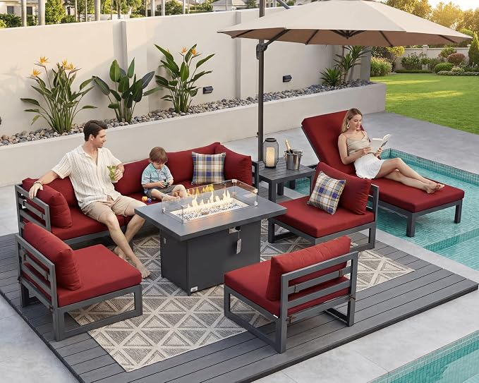 NICESOUL 7 Person Modern Aluminum Outdoor Patio Furniture Set with Chaise & Firepit Table, 29" Wide Deep Seating, Water Resistant Modular Sectional Couch, Large Conversation Set for Poolside Deck, Red