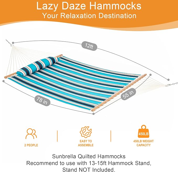Lazy Daze Hammocks 12 FT Sunbrella Fabric Quilted Hammock Double Sunbrella Quilted Hammock with Spreader Bars & Pillow, All Weather and Fade Resistant for Outdoor, 450 lbs Capacity, Token Surfside