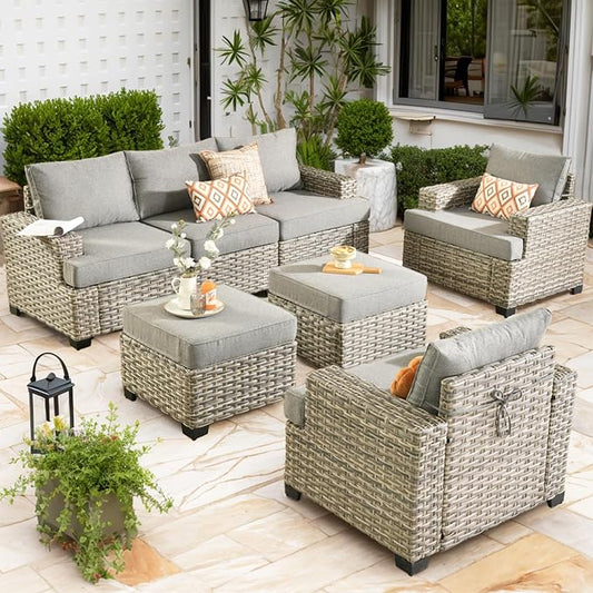 CAODOC Patio Furniture Sets 7 Pieces Outdoor Sectional Rattan Sofa Manual Weaving Wicker Patio Conversation Set with Ottomans and T Cushion(Dark Gray)