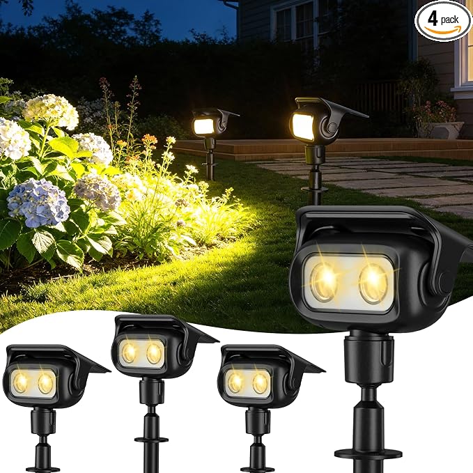 ROSHWEY Solar Spot Lights Outdoor, Waterproof Spotlights with 2 Brightness Mode, Landscape Lighting Solar Lights for Garden, Yard, Pathway (Warm White, 4 Pack)