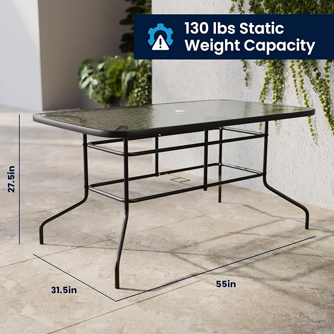 Flash Furniture Lila 7-Piece Glass Patio Table and Chairs Set, Outdoor Patio Dining Set with Rectangular Table and 6 Slat Back Patio Chairs, Black | Umbrella Hole, 55 in Tempered Glass, Aluminum Slat Back Stack Chairs