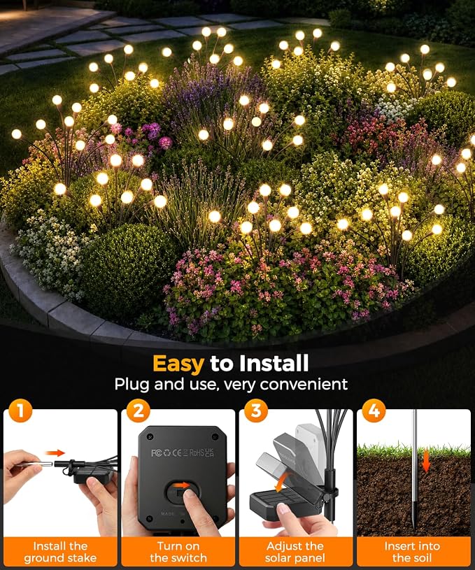 8 Pack Solar Garden Lights 64 LED, Solar Lights Outdoor Waterproof IP65, Decorative Garden Lights Solar Powered for Yard Decor, Outside Solar Firefly Fairy Lights Garden Gifts