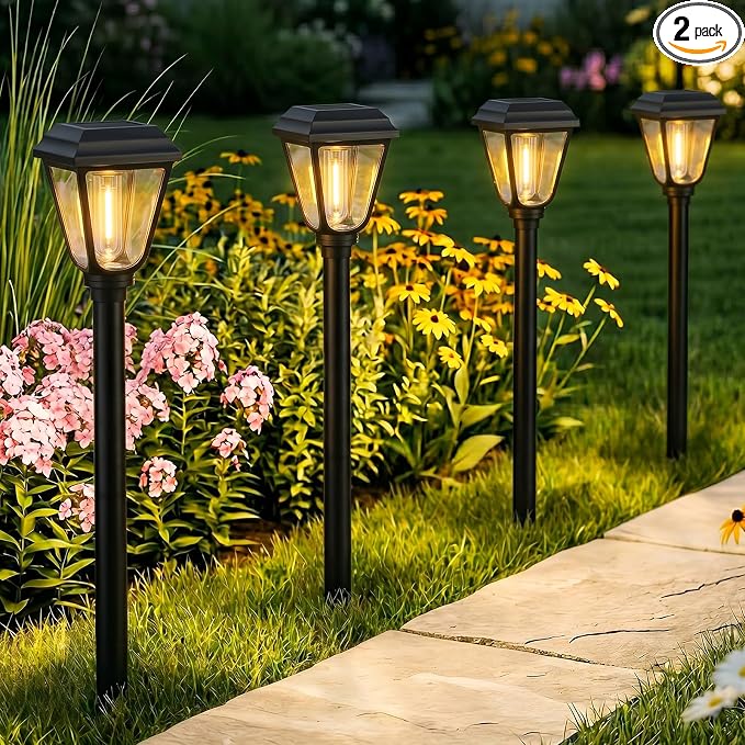 Solar Pathway Lights 2 Pack Outdoor 3000K Bright Auto On/Off Solar Garden Lights Long Lasting Solar Powered Waterproof Landscape Light for Path Yard Walkway Lawn Driveway Decor Lighting - Warm White