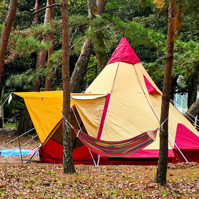 KALLORY Extra Wide Camping Hammock with Anti-Tipping Duckbill Buckle, Two-Person Outdoor Hiking Backpacking Garden and Backyard Hammock, Sturdy Striped Canvas for Travel and Patio Use
