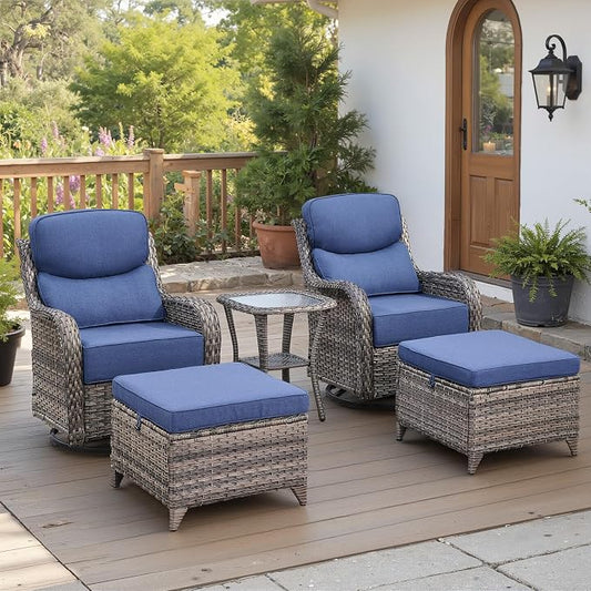 Belord Luxury 6" Thick Cushioned 5 Pieces Patio Furniture Set with 2 Ottomans, Wicker Outdoor Conversation Set with High Back Swivel Rocker Patio Chairs for Deck Porch Yard and Poolside - Grey+Blue