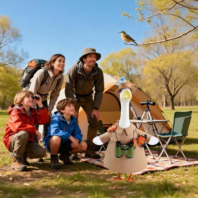 Explorer Porch Goose Outfits– Bird Watching Safari Adventure Costume with Hat, Binoculars, Butterfly & Birds – 23" Lawn Porch Goose Clothes for Spring Summer Patio Yard Garden Decor (Safari)