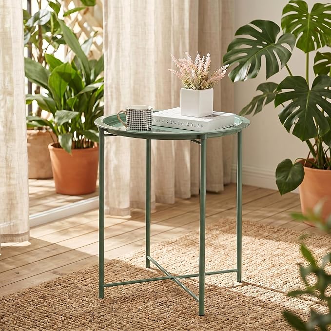 VECELO Side/End Table, Folding Round Metal Anti-Rust and Waterproof Outdoor or Indoor Tray for Living Room Bedroom Balcony and Office, 1 PCS, Dark Green
