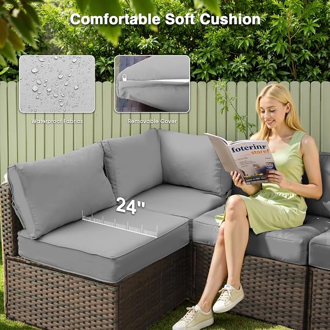 7 Pieces Patio Furniture Set with 44" Fire Pit Table, Rattan Outdoor Sectional Conversation Sets, All Weather Outdoor Furniture Set with Cushions for Garden Lawn Balcony Porch Deck, Grey