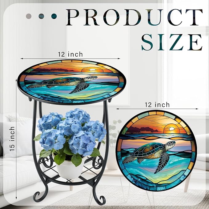 Cinnvoice Outdoor Side Table Round Small Mosaic Patio Accent Indoor End Plant Coffee Tea Table for Yard Patio Porch Garden Living Room, Bedroom(Turtle Style,12 Inch)