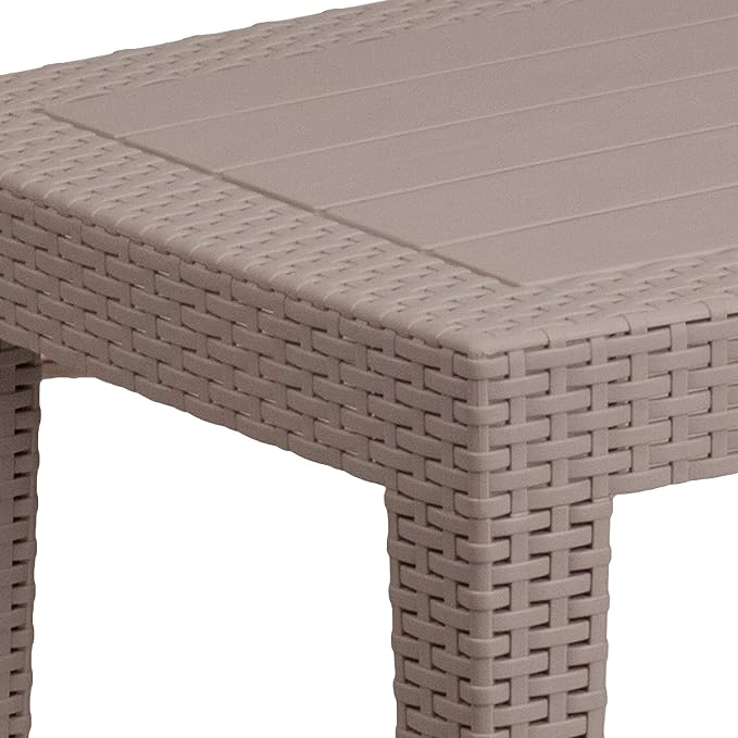 Merrick Lane Malmok Outdoor Furniture Patio Table - Light Gray Faux Rattan Wicker Pattern Coffee Table - All-Weather Use - Wood Plank Top Design