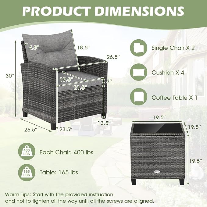 ORALNER Patio Furniture Set, 3 Pieces Outdoor Wicker Conversation Set, Rattan Chairs with Soft Cushions, Glass Coffee Table, Patio Bistro Set for Balcony Garden Deck Front Porch Poolside (Gray)