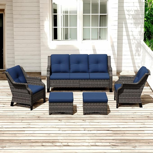Patio Furniture Set 5 Pieces, Outdoor Wicker Furniture with Coffee Table and Side Table, Modern Rattan Patio Chairs Conversation Sets with Sofa for Garden, Terrace, Porch, Balconies, Lawns
