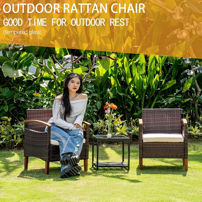 3 Pcs Outdoor Patio Furniture Sets, Outdoor Patio Rattan Chair with Side Coffee Table, Conversation Set Outdoor for Yard Garden Backyard Lawn (Brown)
