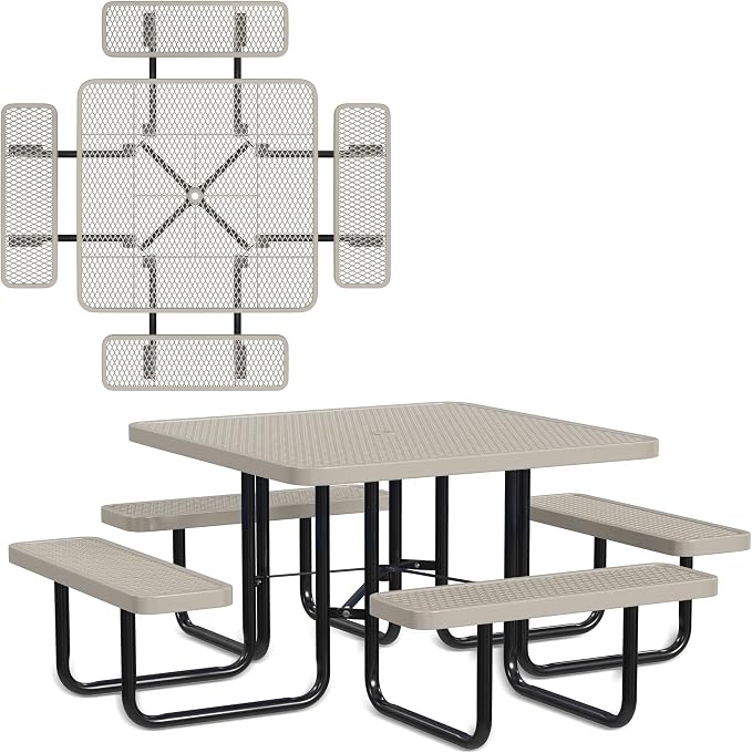 Leisure Craft Metal Picnic Table with Bench - 46" Square Outdoor Dining Table for 8 with Umbrella Hole, Weatherproof Heavy Duty Thermoplastic Coating, Commercial Grade Furniture Made in USA - Beige