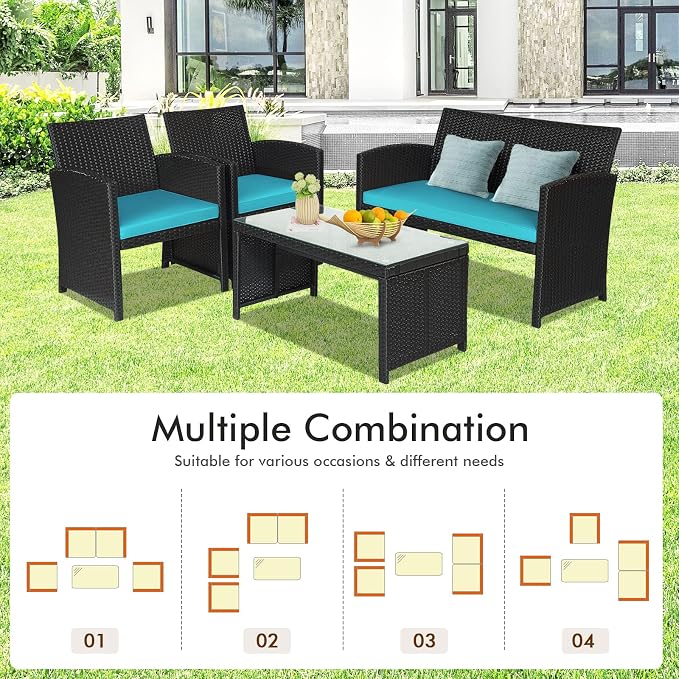 DORTALA 4 Pieces Patio Wicker Conversation Furniture Set, Outdoor Rattan Sofas with Bistro Sets with Coffee Table for Courtyard Balcony Wicker Chairs with Soft Cushion and Table, Turquoise