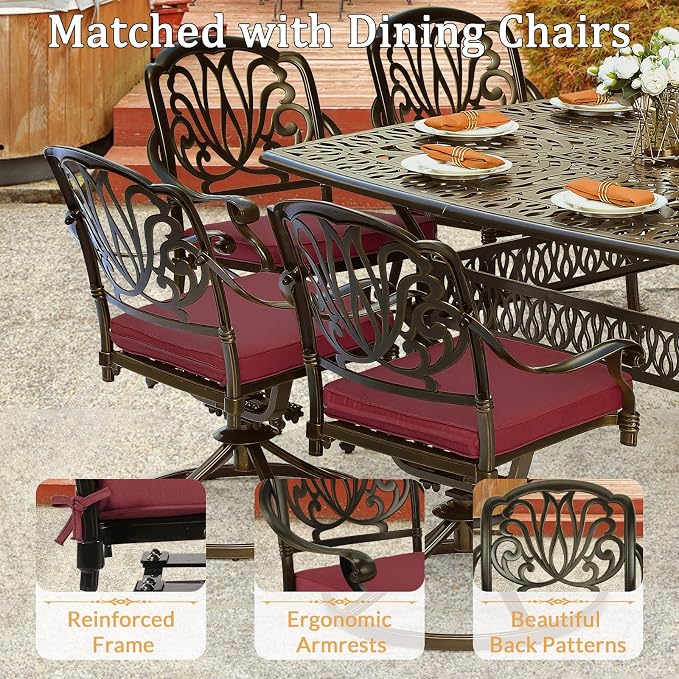 9 Piece Outdoor Patio Dining Set for 8, Cast Aluminium Large Square Dining Table & 4 Swivel Rocker Chairs, 4 Stationary, 8 Cushions, Umbrella Hole, Patio Furniture Set for Garden, Chili Red