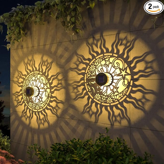 gardencave 2 Pack Solar Fence Lights Metal Solar Powered Outdoor Wall Deck Lights Sun Moon Theme Waterproof Fence Light for Garden Post Patio Backyard Yard Decor (Face, 2 Pack)