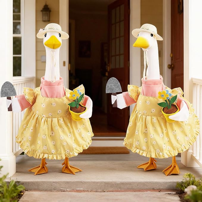 Erythem Gardener Porch Goose Outfits, Cute Spring Porch Goose Clothes with Straw Hat, Shovel & Flower Pot Fits 23" Cement Plastic Geese Statue for Outdoor Garden Yard Decor
