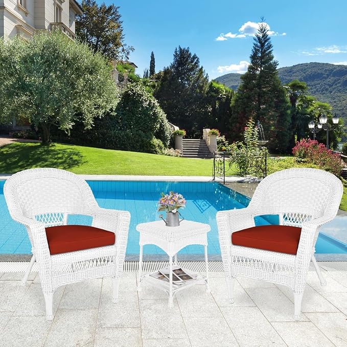 Jeco Carell Furniture 3 pc Wicker Conversation Set in White with Red Orange Cushions