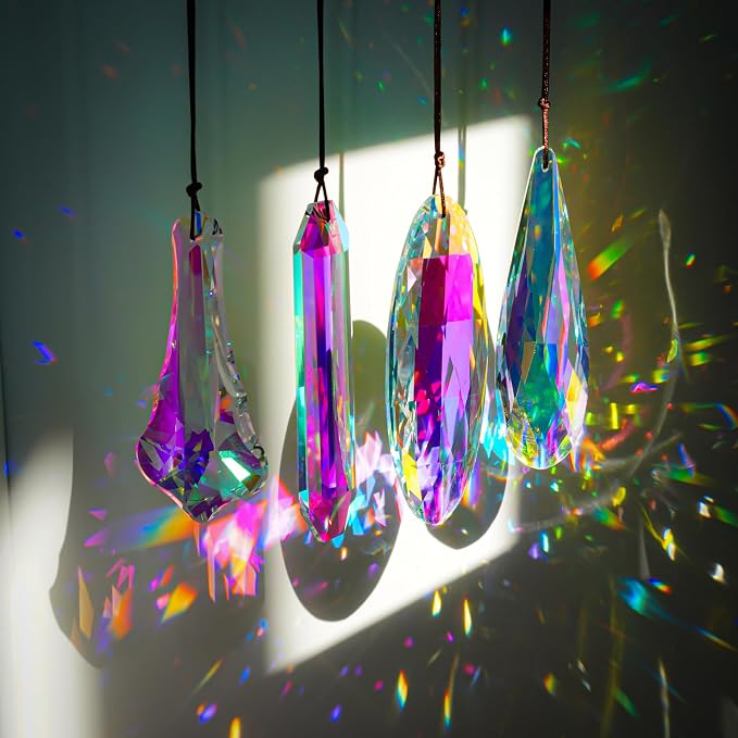 4 Pcs Crystal Prism Suncatcher Pendants Chandelier Window Garden Decor | Rainbow Chandelier Prisms Suncatcher Hanging Ornaments for Window Garden Home Office Party Decor Accent