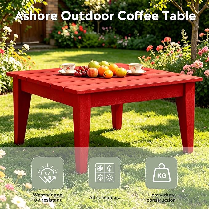 WestinTrends Ashore Outdoor Coffee Table, 32 Inch All Weather Poly Lumber Adirondack Patio Coffee Table Square Low Table, Red