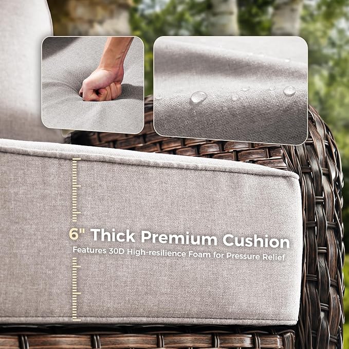 Luxury Patio Furniture Set with 6-inch Thick Cushions, Outdoor Furniture Set with High Back Swivel Chairs, 8 PCS Wicker Outdoor Conversation Set for Porch, Patio, Yard, Deck, Poolside, Brown/Beige