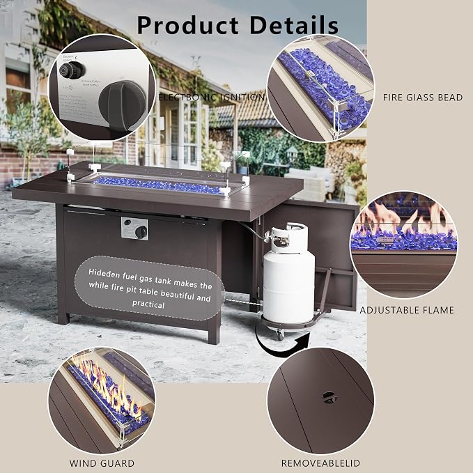 Outdoor Terrace Furniture Set, 8 Piece Outdoor Furniture Set, with 43 inch Aluminum 55000 BTU Propane fire Pit, PE Willow Vine Terrace Dialogue Set - Grey.