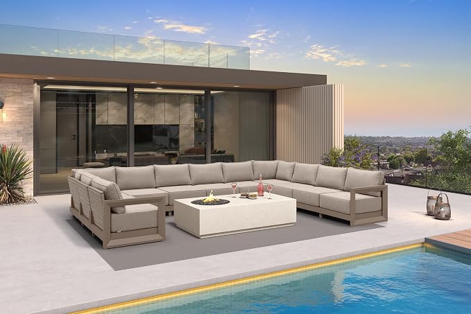 PURPLE LEAF Patio Furniture Set U-Shaped Outdoor Couch with 9.6" Thick Cushion and Soft Pillows 11 Piece Outdoor Sectional Sofas Modern Outdoor Conversation Sets for Yard Porch Deck Poolside, Khaki