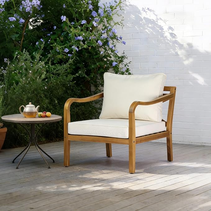 Merax Outdoor Acacia Wood Armchair with Elegant Cross Back Design, Deep Seating Patio Lounge Chair with Removable Soft Cushion for Porch, Garden, Backyard, Balcony, Teak & Beige