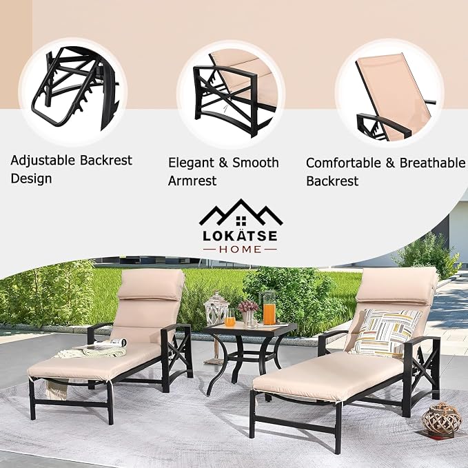 LOKATSE Home 3 Piece Outdoor Patio Chaise Chair Lounge Arm Chair with Adjustable Back and Blue Removable Cushion with Bistro Coffee Side Table for Reclining Chairs