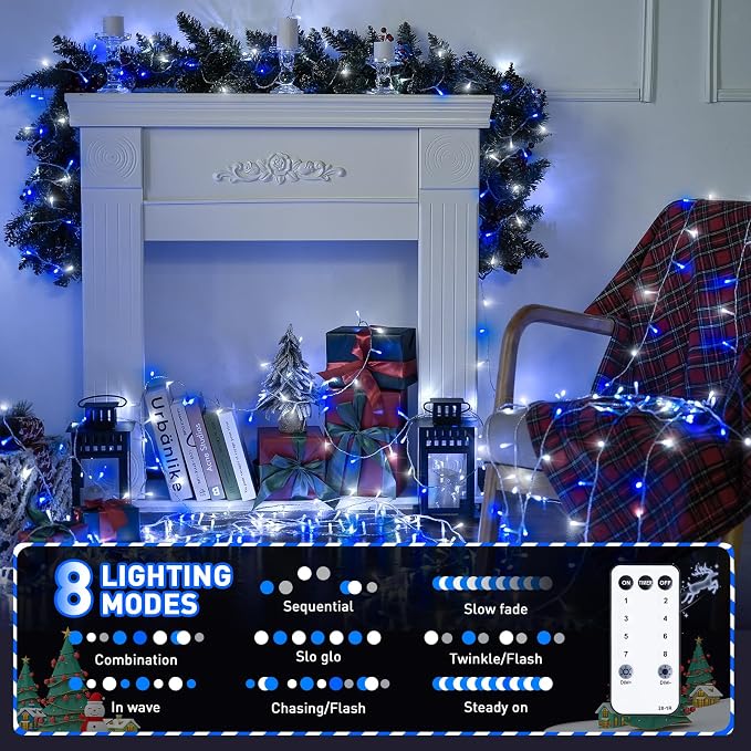 JMEXSUSS Connectable 100 LED Blue and White Christmas Lights with 8 Modes | Twinkle String Lights Indoor, Clear Wire Plug-in Christmas String Lights Outdoor Waterproof for Christmas Decor