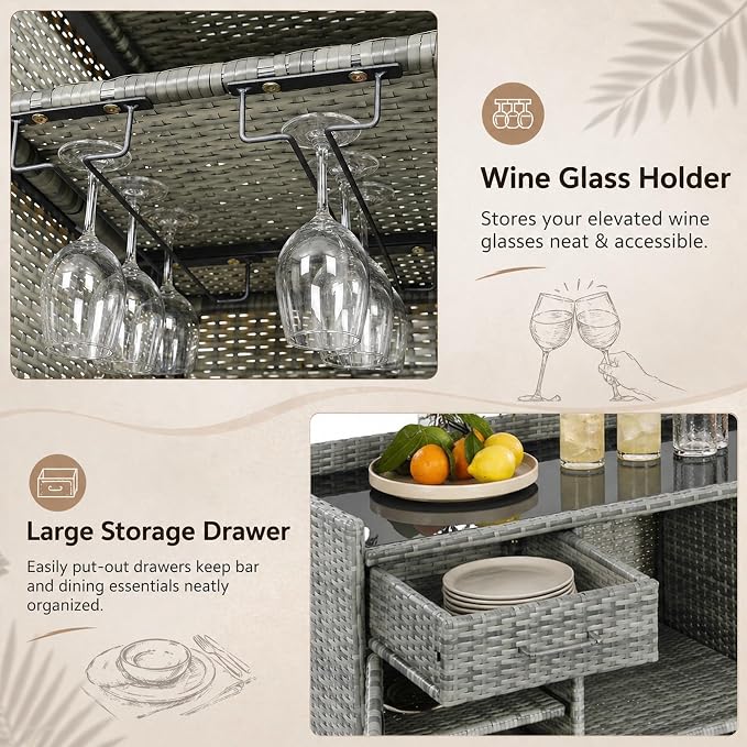 RUNNA 53.5" W Outdoor Wicker Storage Cabinet with Fridge Space,Weatherproof Outdoor Mini Fridge Bar Cabinet with Adjustable Shelves & Drawers for Pool Towel Storage,Garden,Kitchen (Grey#64)